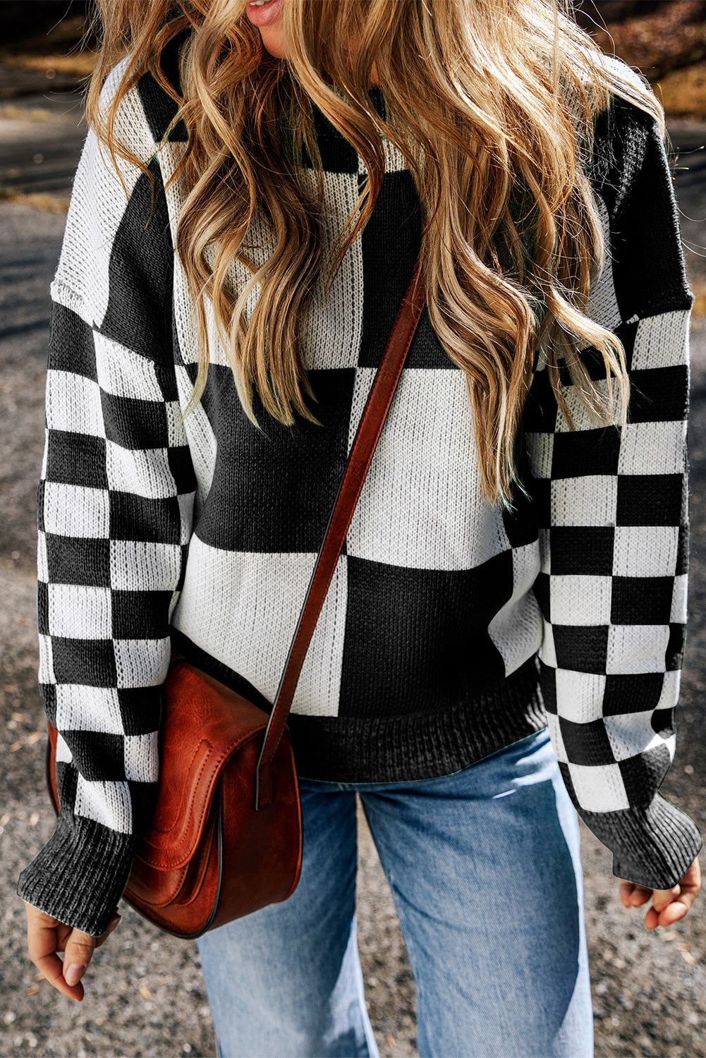 Black Checkered Print Drop Shoulder Sweater