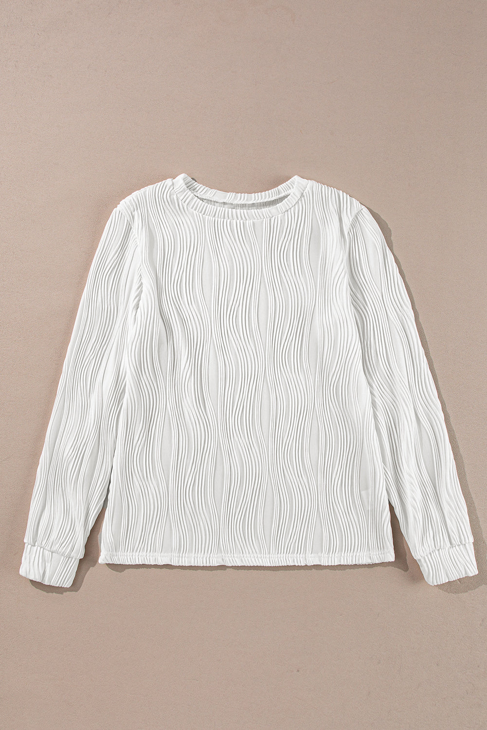 White Textured Wavy Round Neck Long Sleeve Top