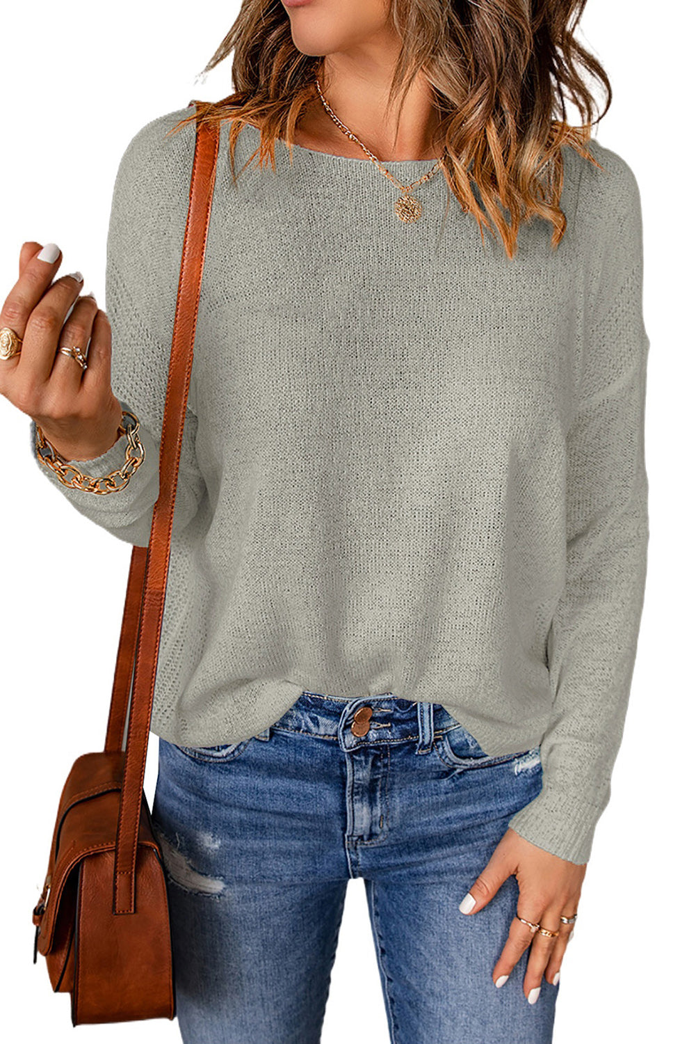 Gray Solid Drop Shoulder Pullover Sweater