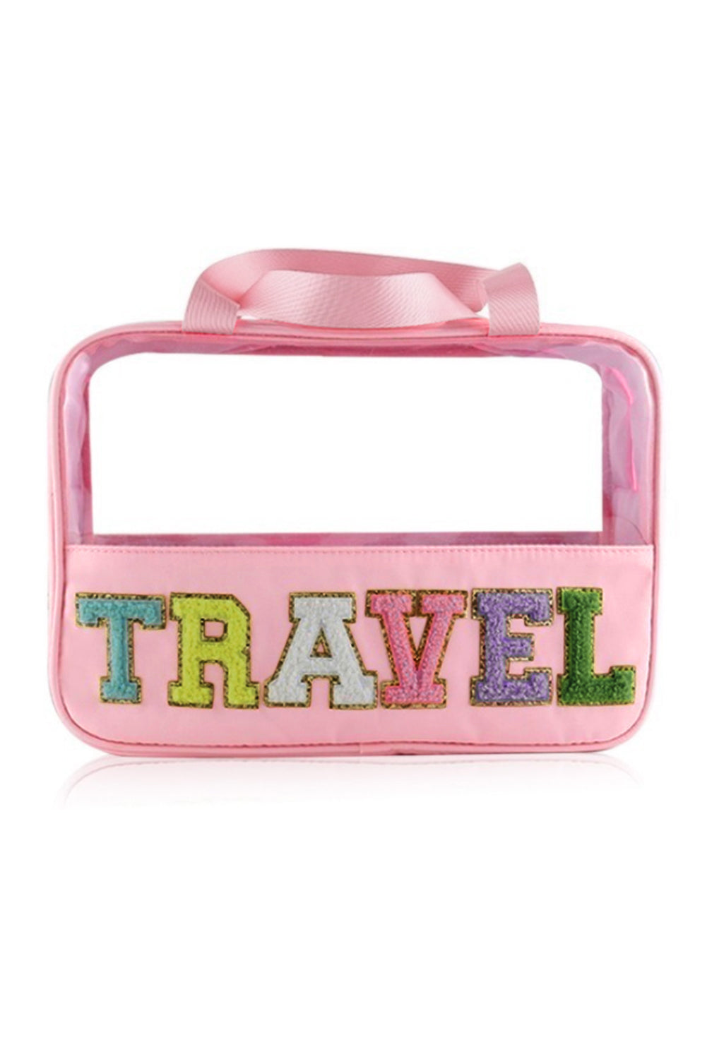 Light Pink TRAVEL Chenille Letter Clear PVC Makeup Bag