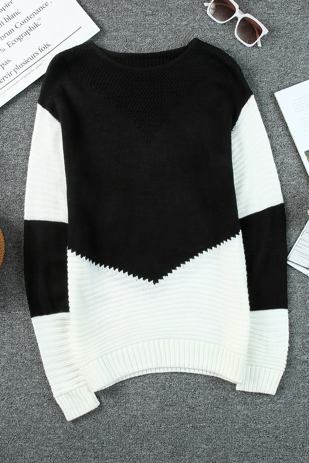 Black Two-Tone Chevron Pullover Sweater