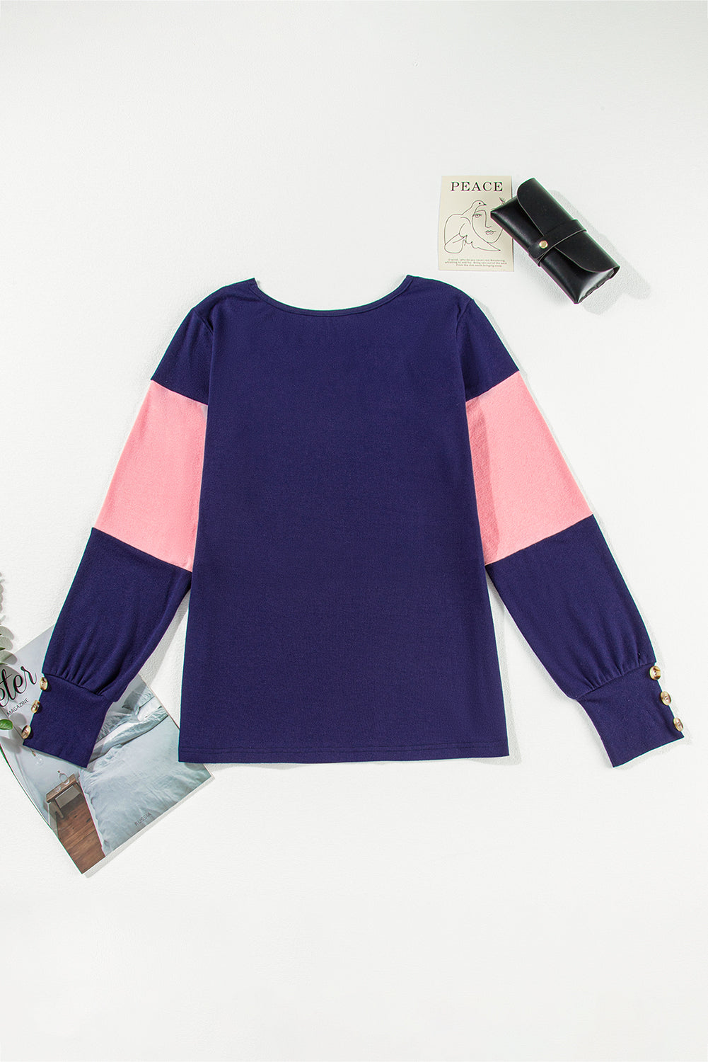 Blue Stripe Colorblock Button Decor Long Sleeve V Neck Top