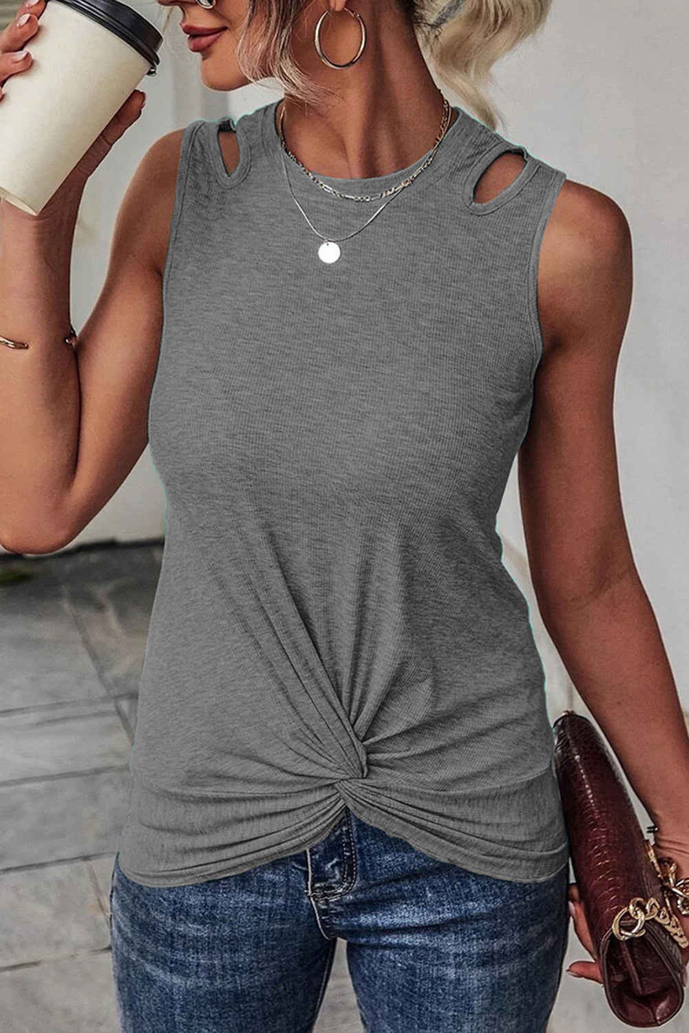 Gray Rib Knit Cut-out Front Twist Tank Top