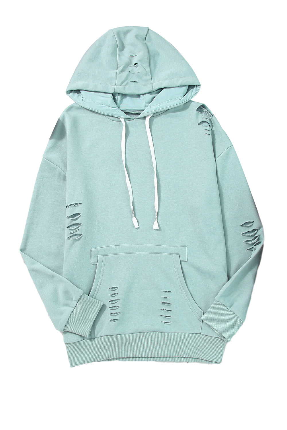 Solid Ripped Hooded Sweatshirt with Kangaroo Pocket