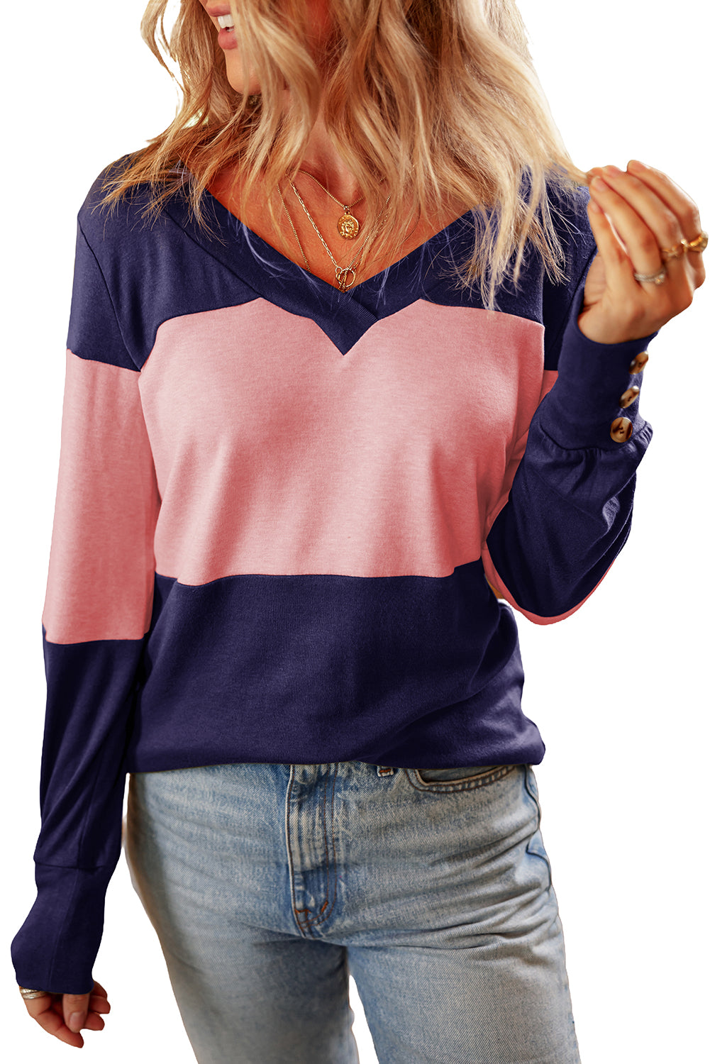 Blue Stripe Colorblock Button Decor Long Sleeve V Neck Top