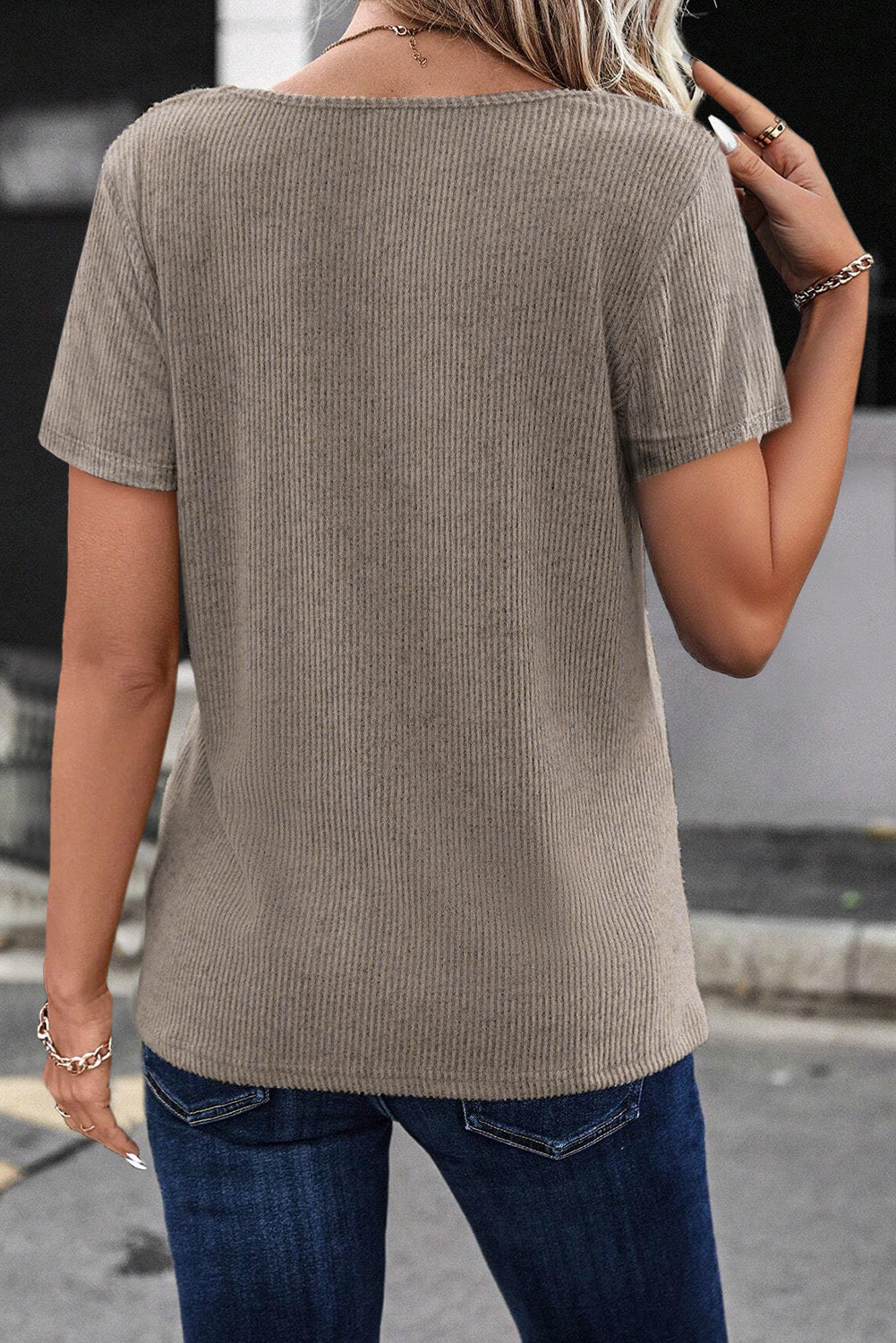 Pale Khaki Ribbed Buttoned Strappy V Neck Tee