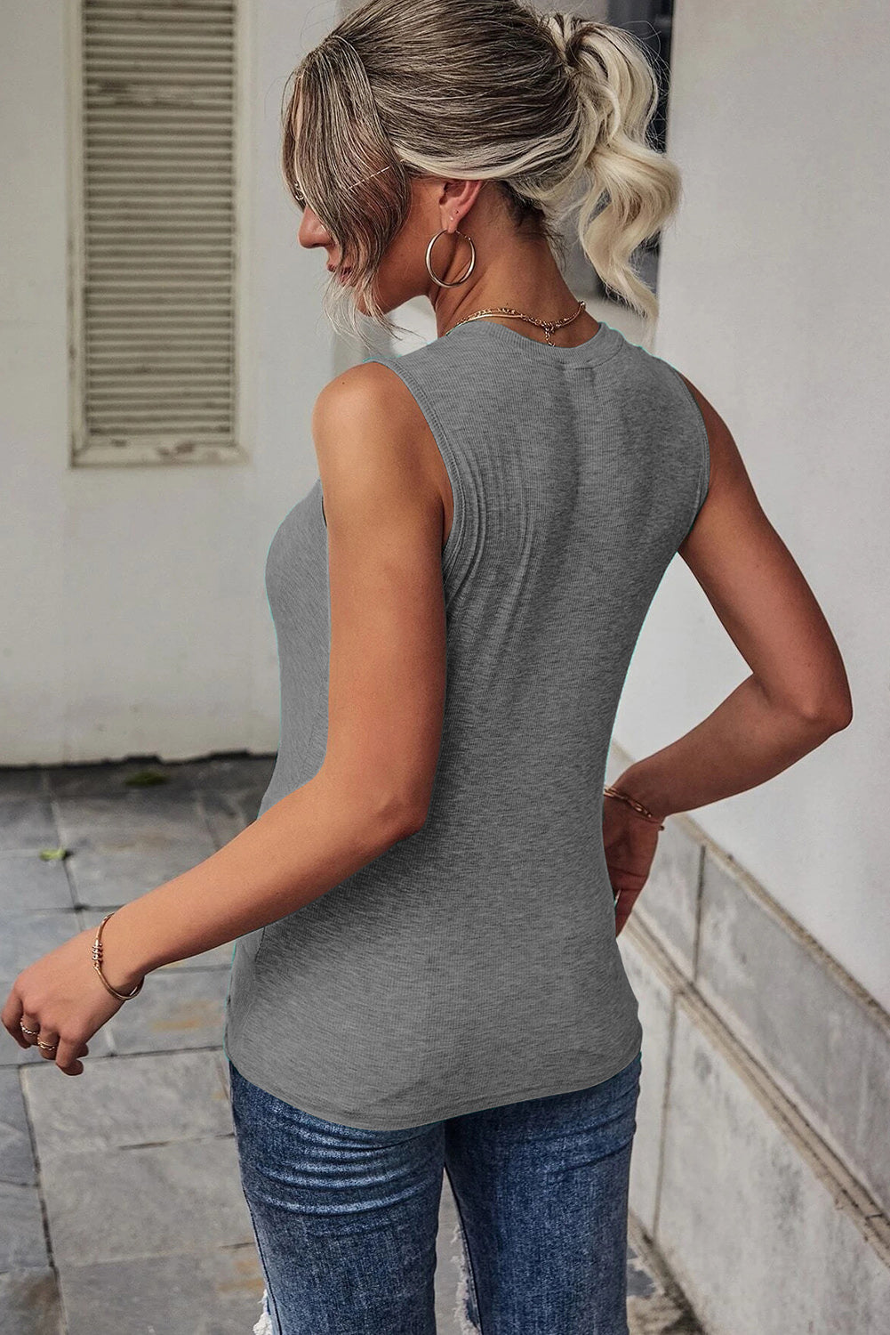 Gray Rib Knit Cut-out Front Twist Tank Top