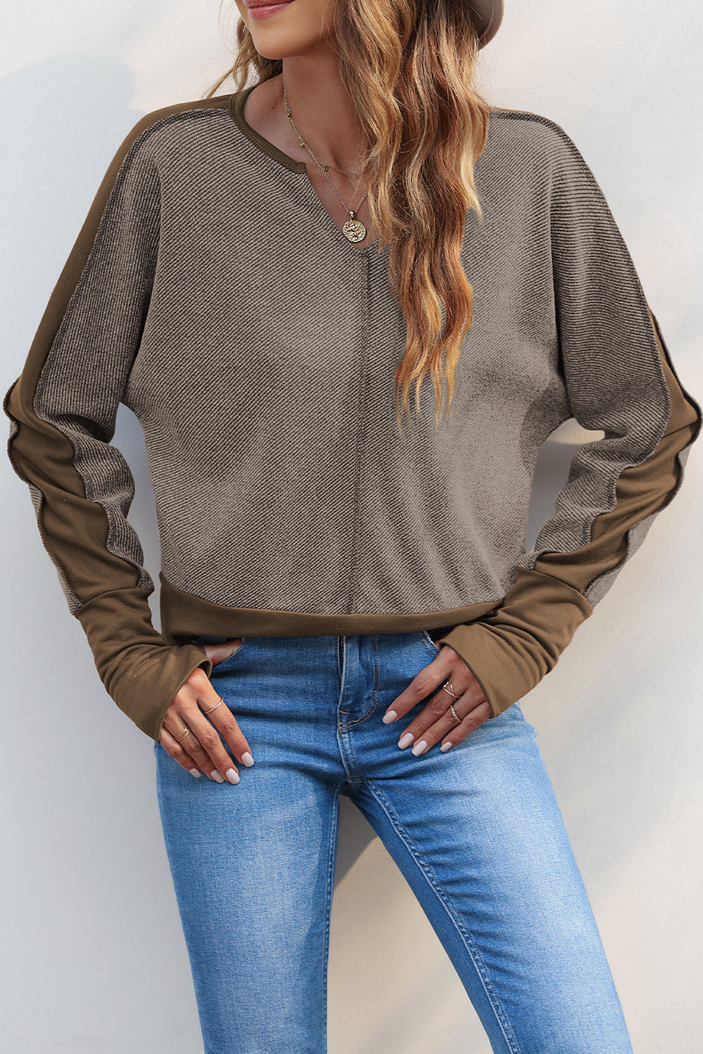 Brown Contrast Patchwork Thumbhole Sleeve Top