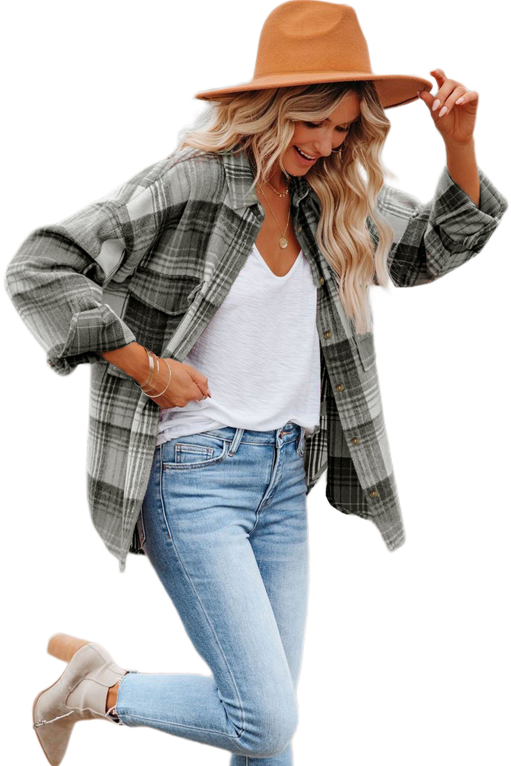 Medium Grey Plaid Flap Pockets Shacket