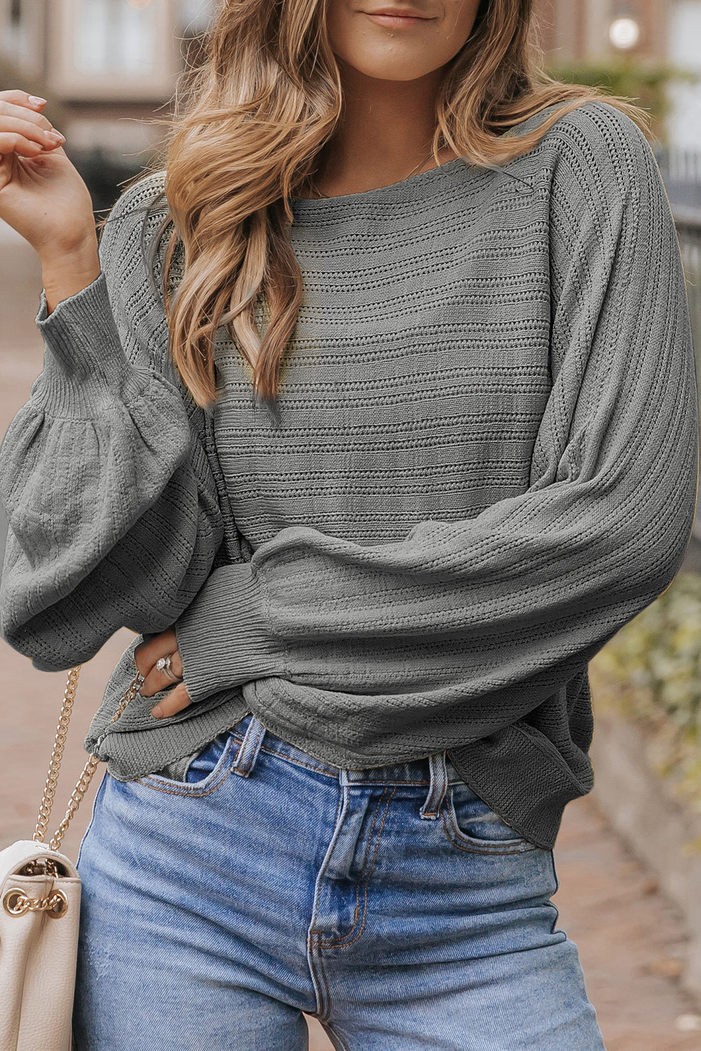 Dark Grey Lantern Sleeve Eyelets Textured Knit Sweater