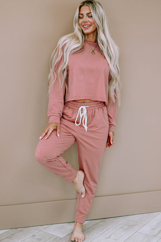 Pink Solid Sport Boxy Fit Pullover & Pants Outfit