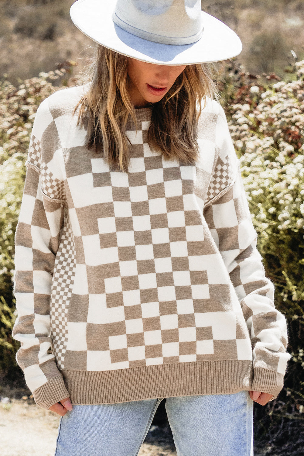 Khaki Checkered Print Drop Shoulder Round Neck Sweater