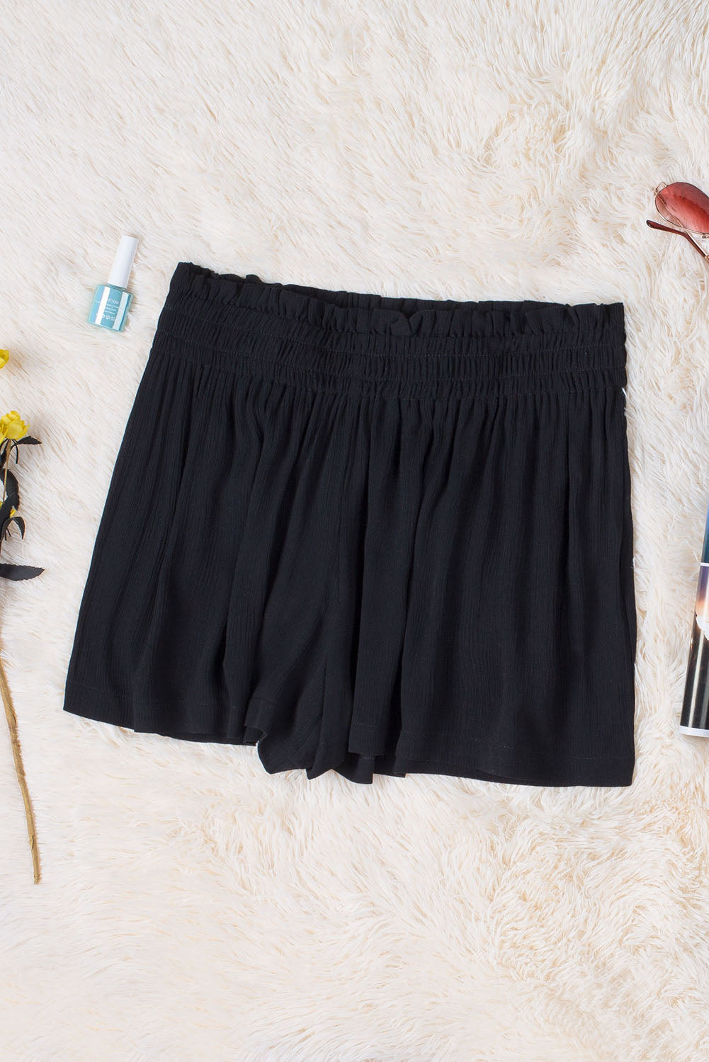 Black Smocked High Waist Shorts