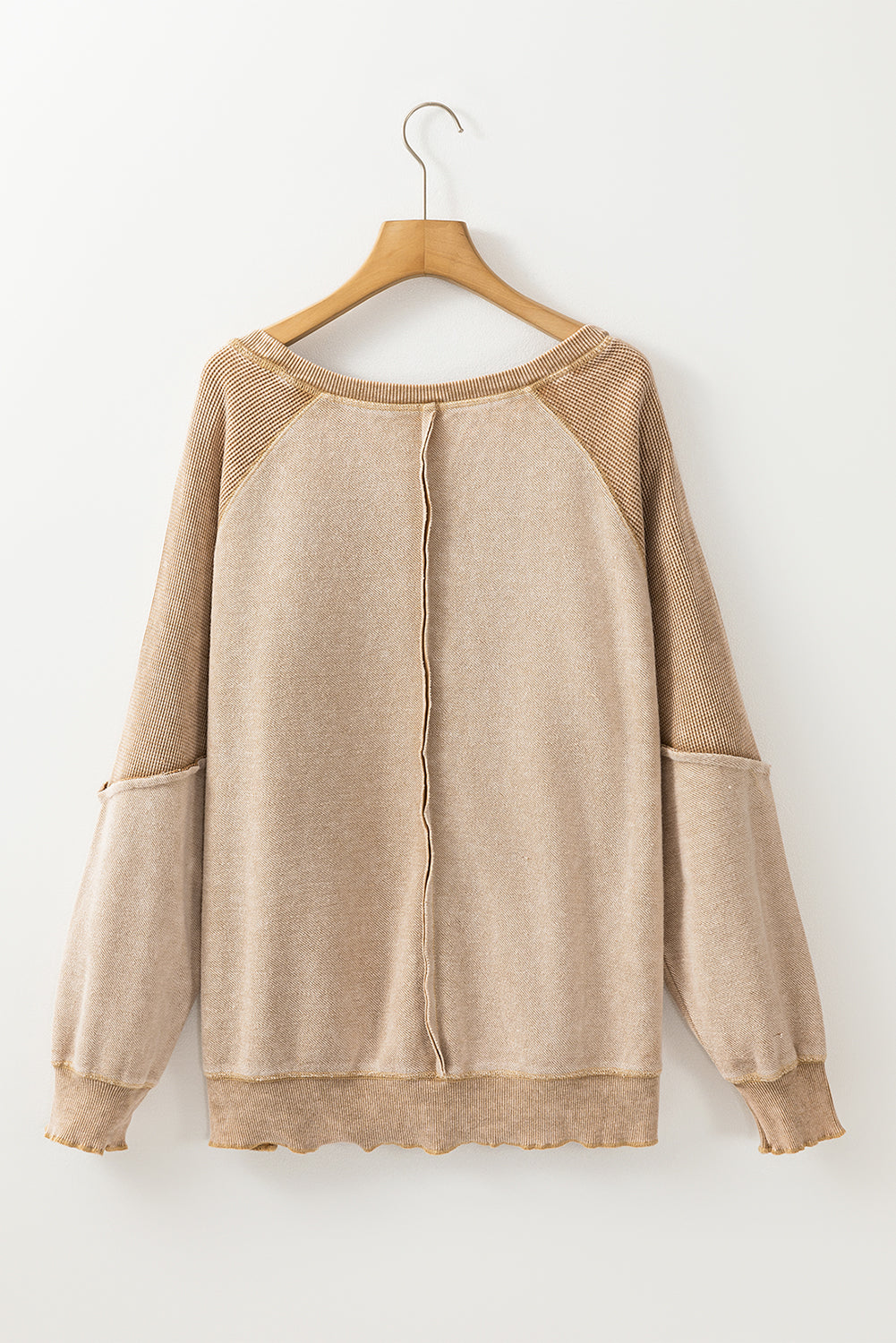 Light French Beige Waffle Knit Patchwork Exposed Seam Raglan Sweatshirt