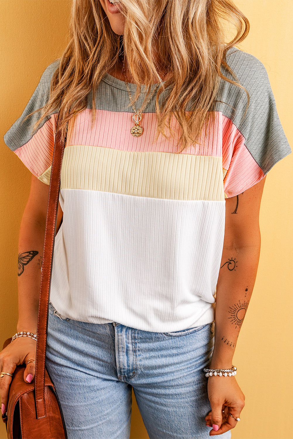 White Ribbed Color Block Patchwork T-shirt