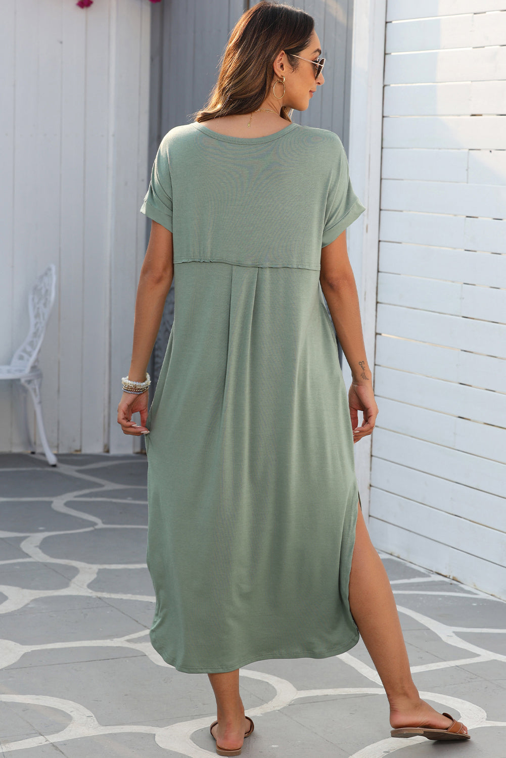 Grass Green V Neck Hidden Pocket Splits Maxi T-shirt Dress