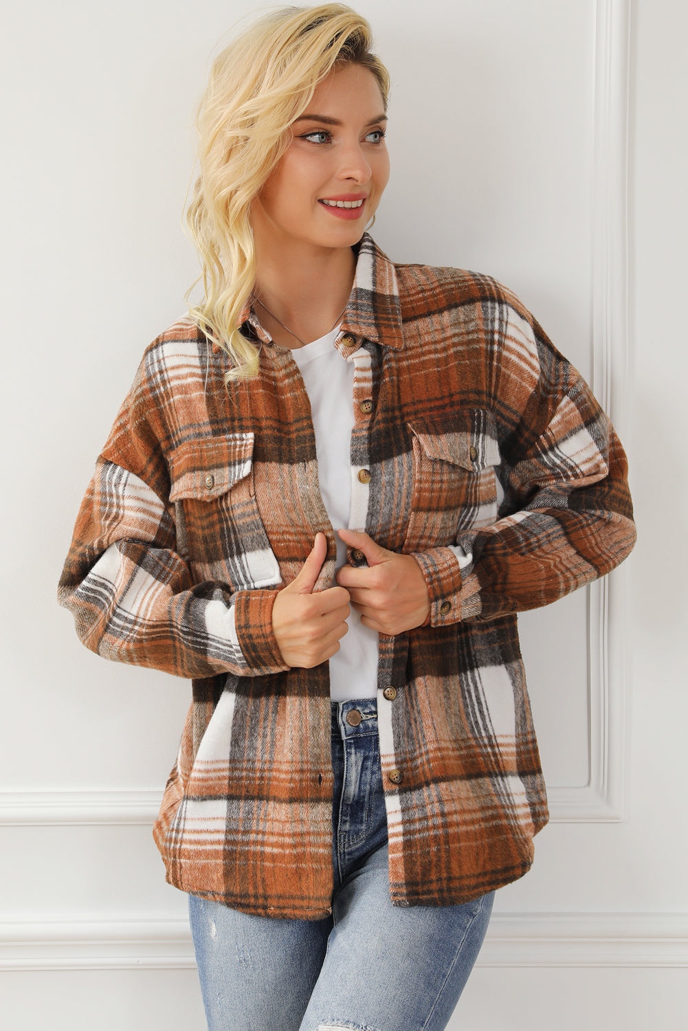 Brown Plaid Flap Pockets Shacket