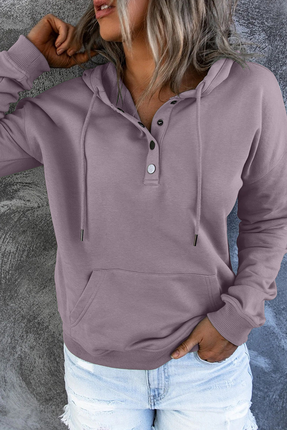 Purple Snap Button Pullover Hoodie with Pocket