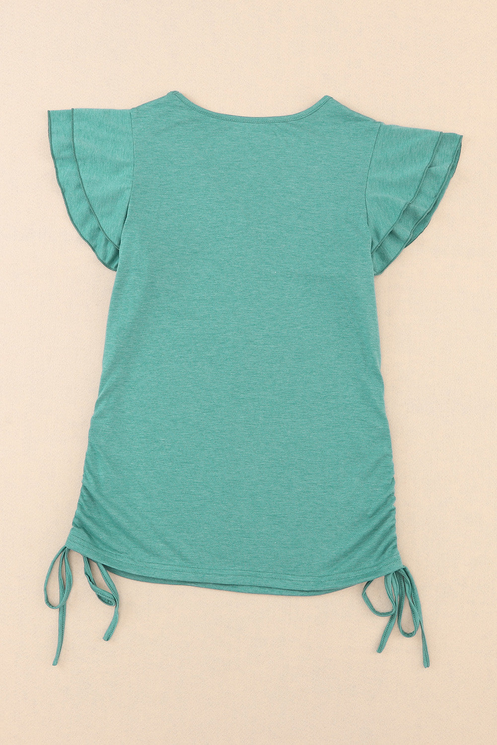 Green Ruffle Short Sleeves V Neck Drawstring Top