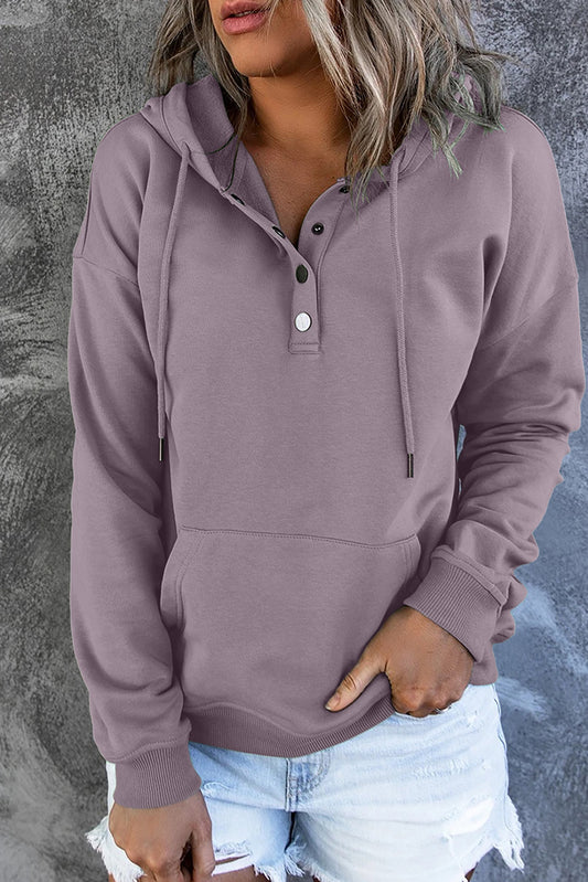 Purple Snap Button Pullover Hoodie with Pocket