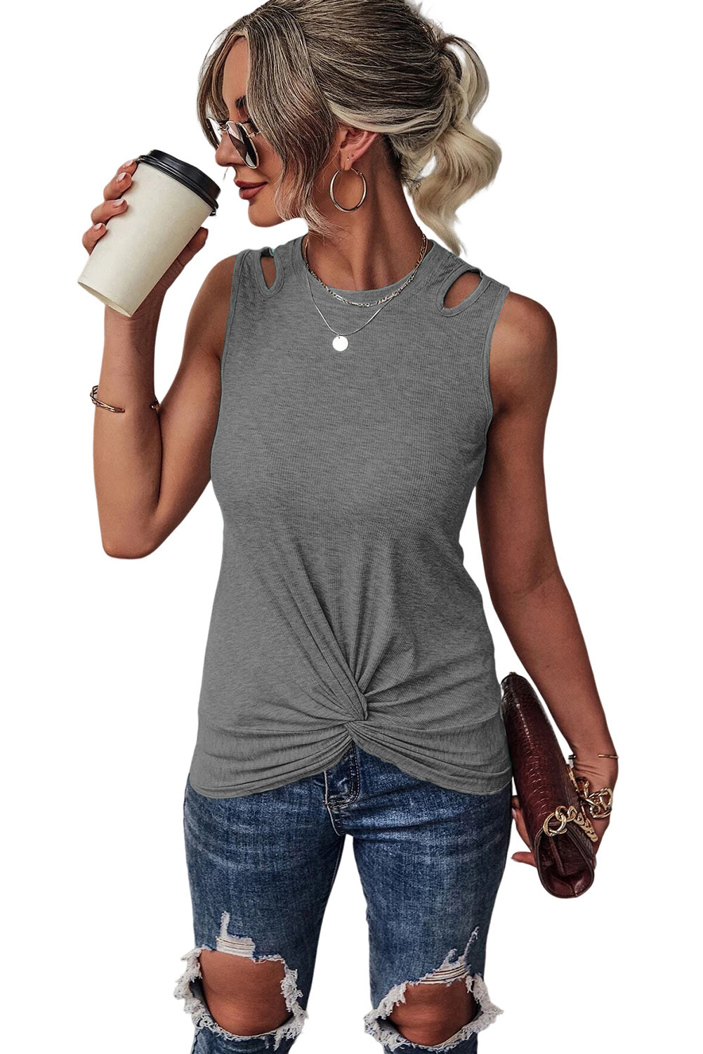 Gray Rib Knit Cut-out Front Twist Tank Top