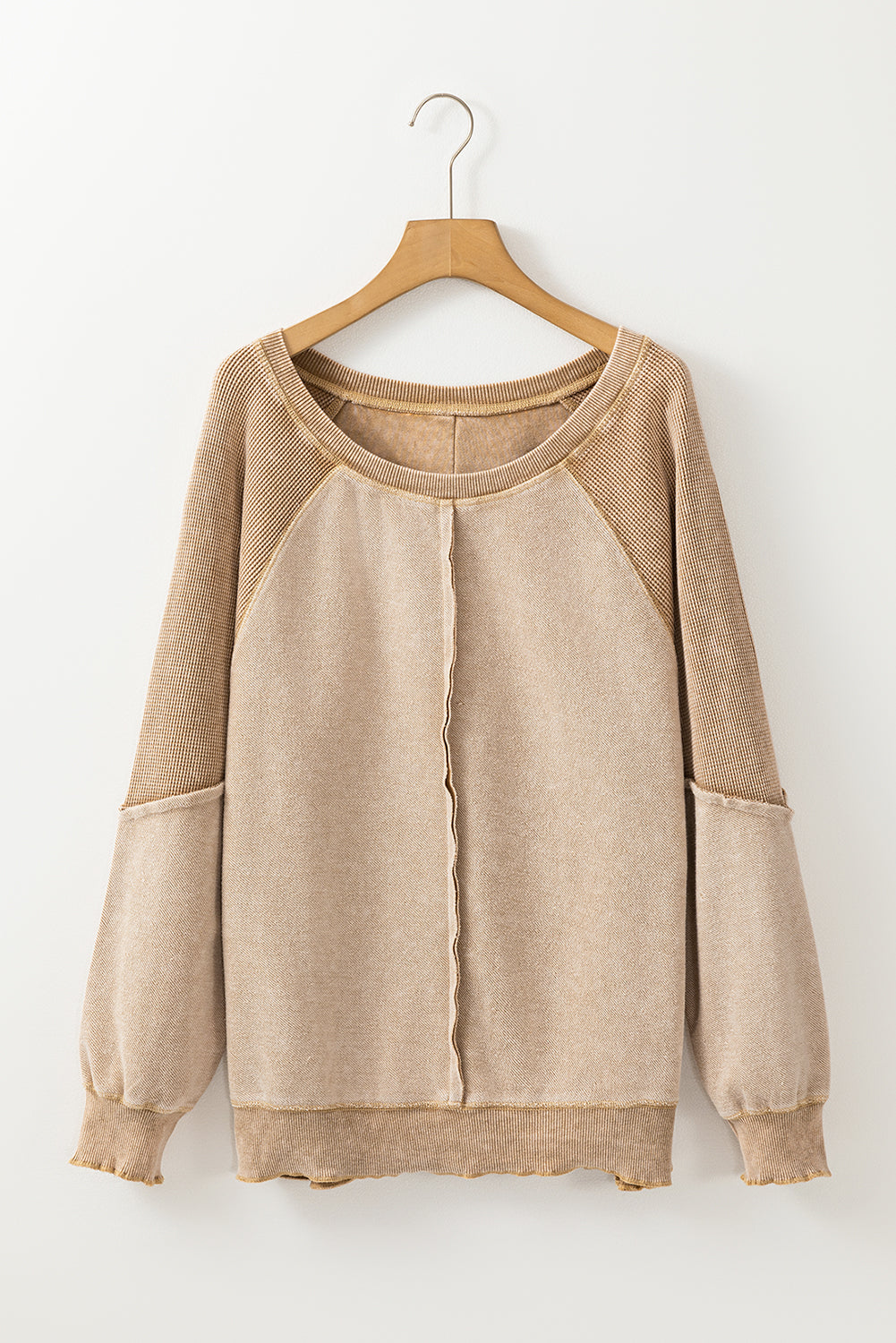 Light French Beige Waffle Knit Patchwork Exposed Seam Raglan Sweatshirt