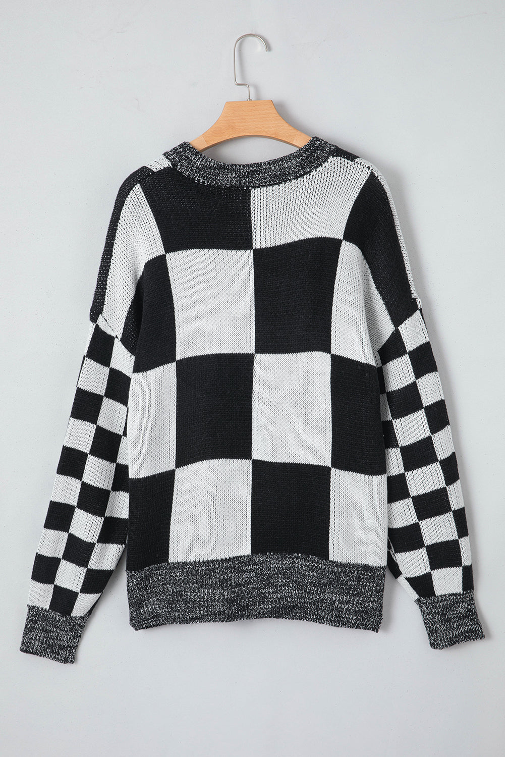 Black Checkered Print Drop Shoulder Sweater