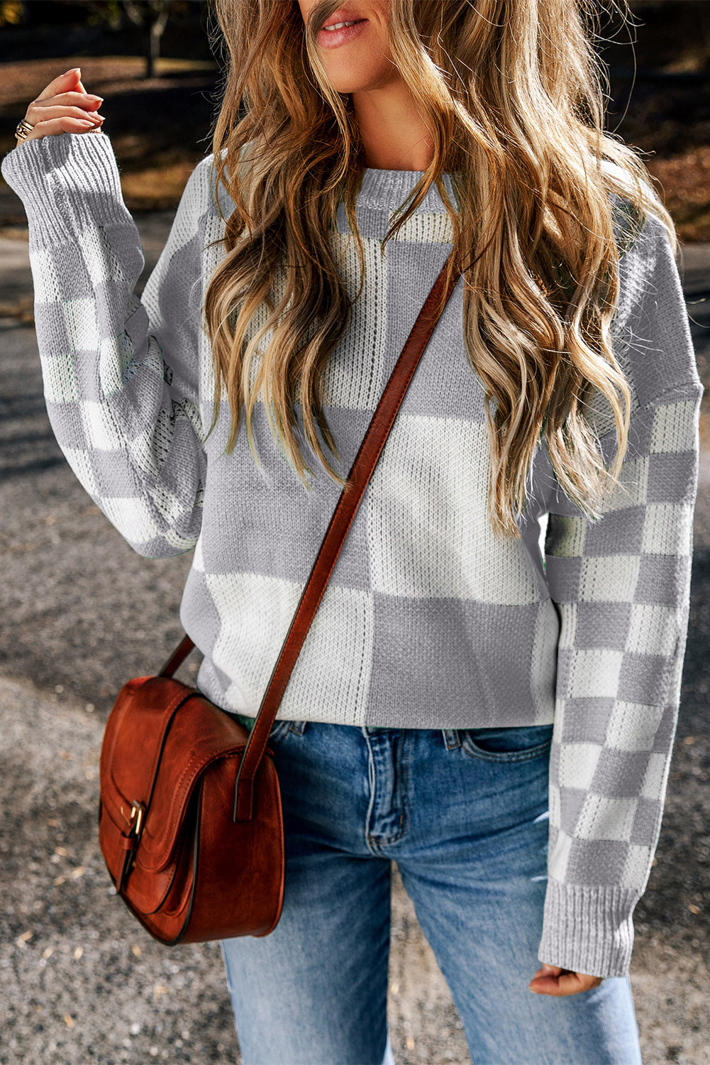 Medium Grey Checkered Print Drop Shoulder Sweater