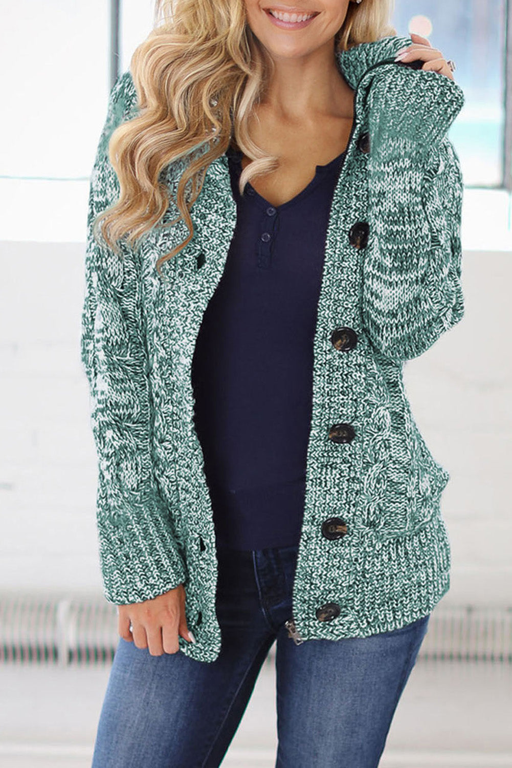 Green Long Sleeve Button-up Hooded Cardigans