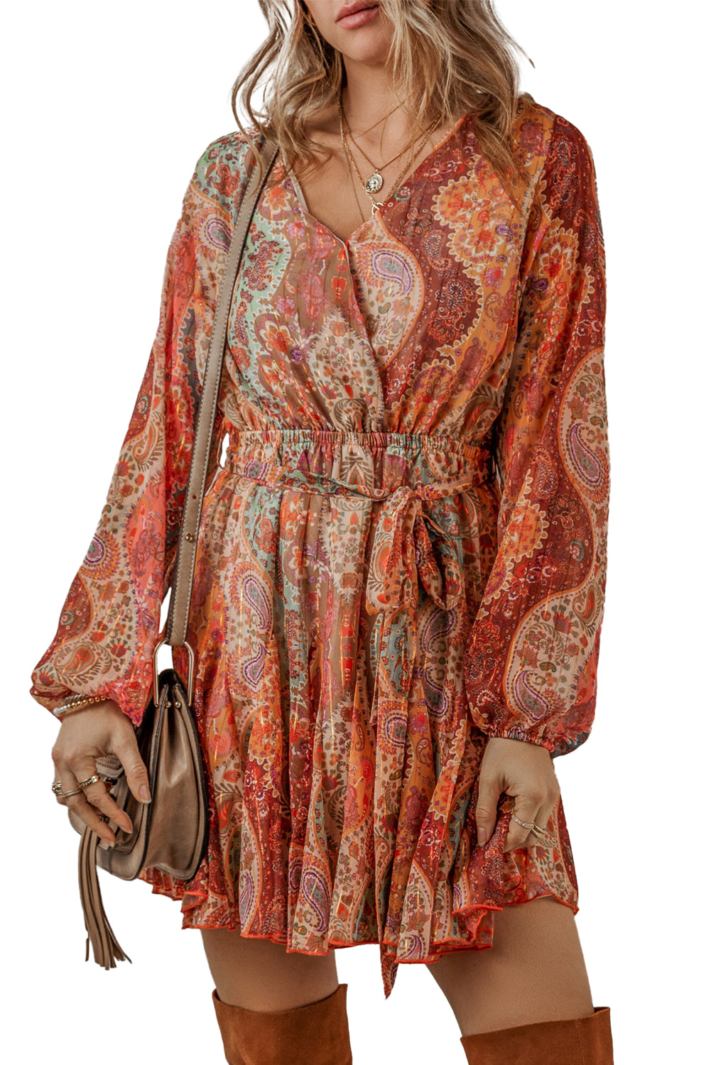 Orange Boho Paisley Print Long Sleeve Pleated Belted Mini Dress