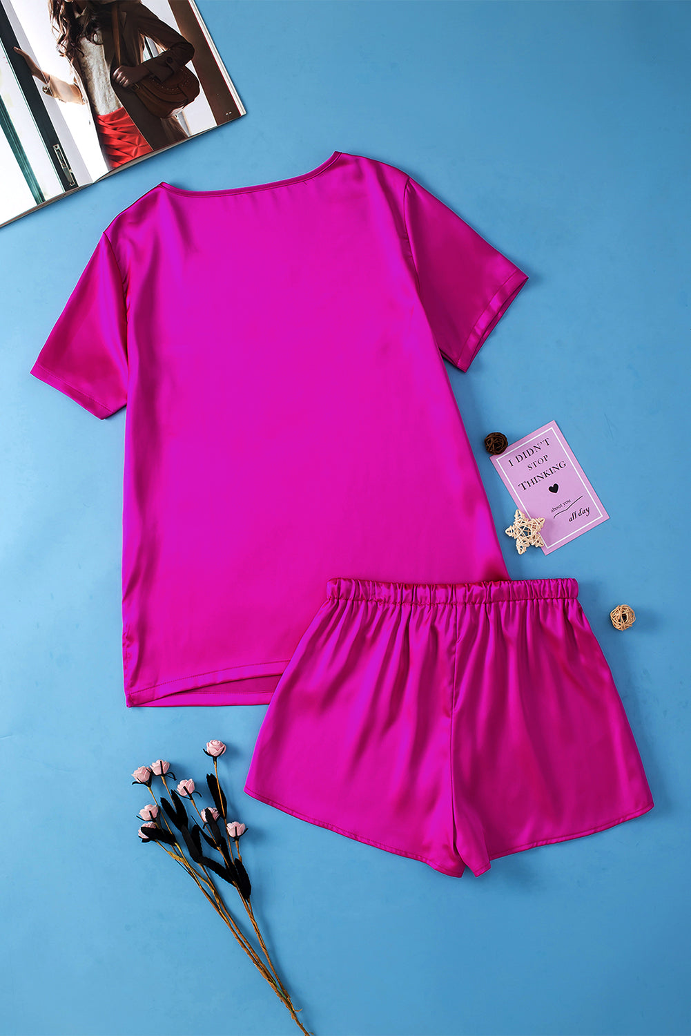 Bright Pink Satin V Neck Tee and Drawstring Shorts Set