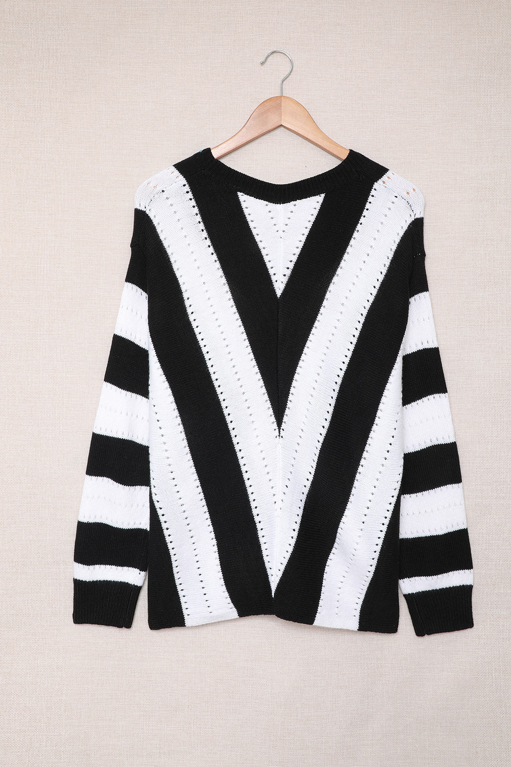 Black Striped Colorblock V Neck Knitted Sweater