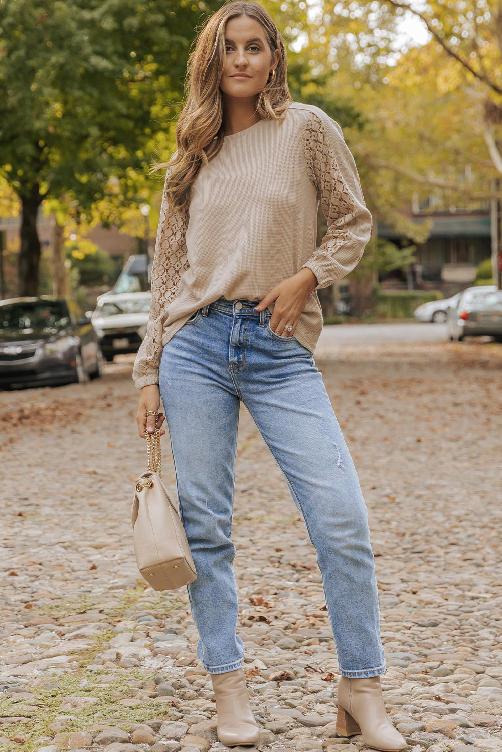 Light French Beige Lace Patch Sleeve Waffle Knit Top