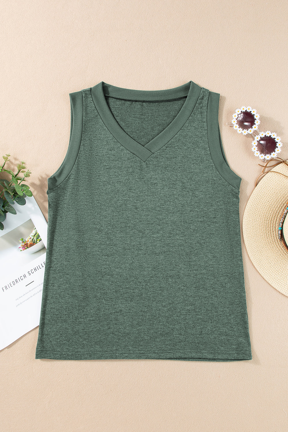 Mist Green Ribbed V Neck Tank