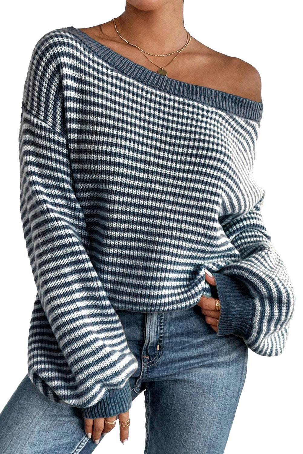 Sail Blue Striped Lantern Sleeve Drop Shoulder Cozy Sweater