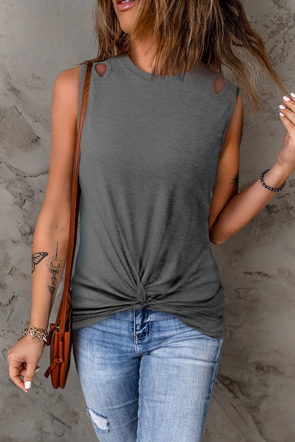 Gray Rib Knit Cut-out Front Twist Tank Top