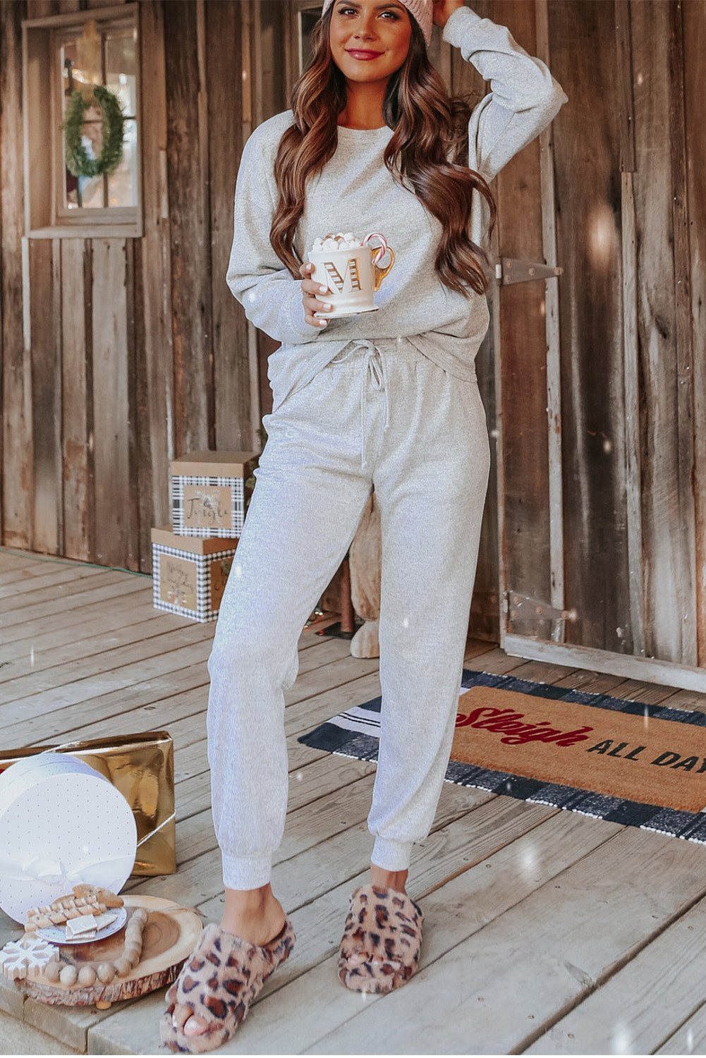 Gray Long Sleeve Pullover and Jogger Pants Lounge Set