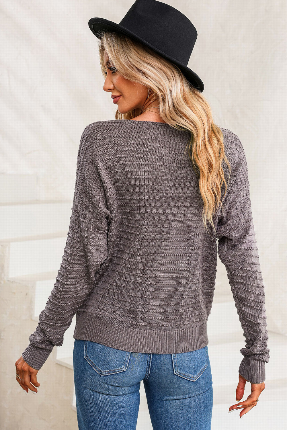 Gray Textured Knit Round Neck Dolman Sleeve Sweater