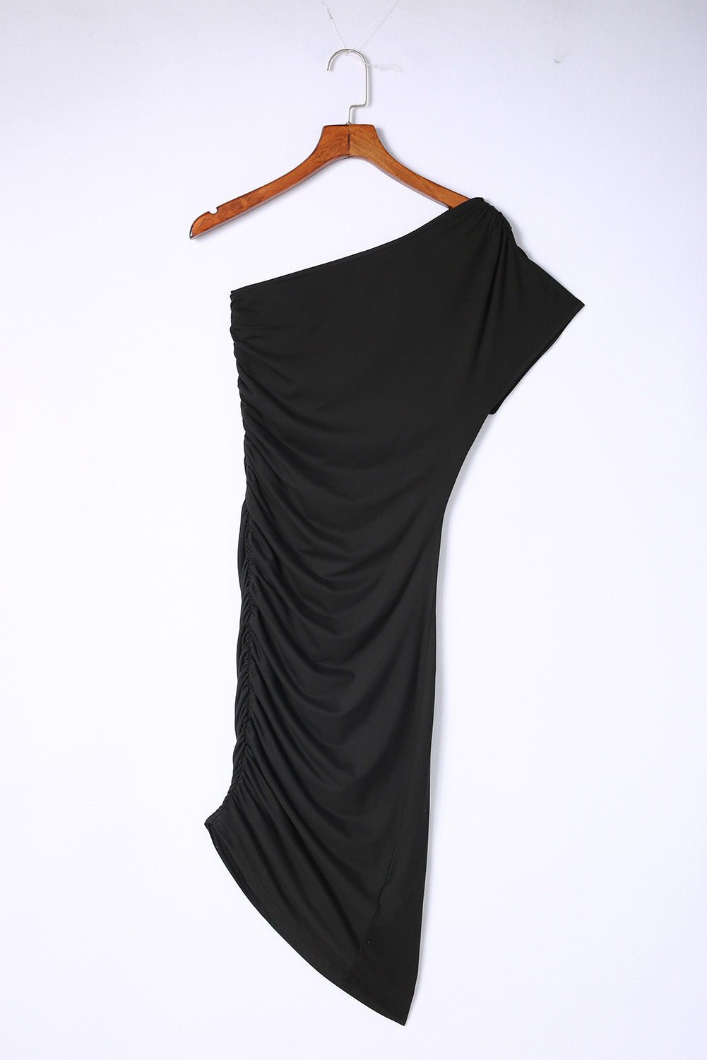 Black One-shoulder Short Sleeve Ruched Bodycon Dress