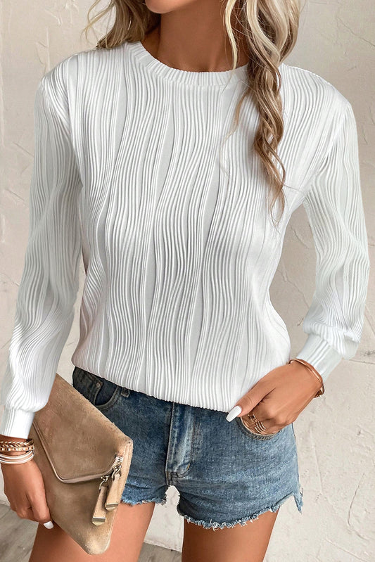 White Textured Wavy Round Neck Long Sleeve Top