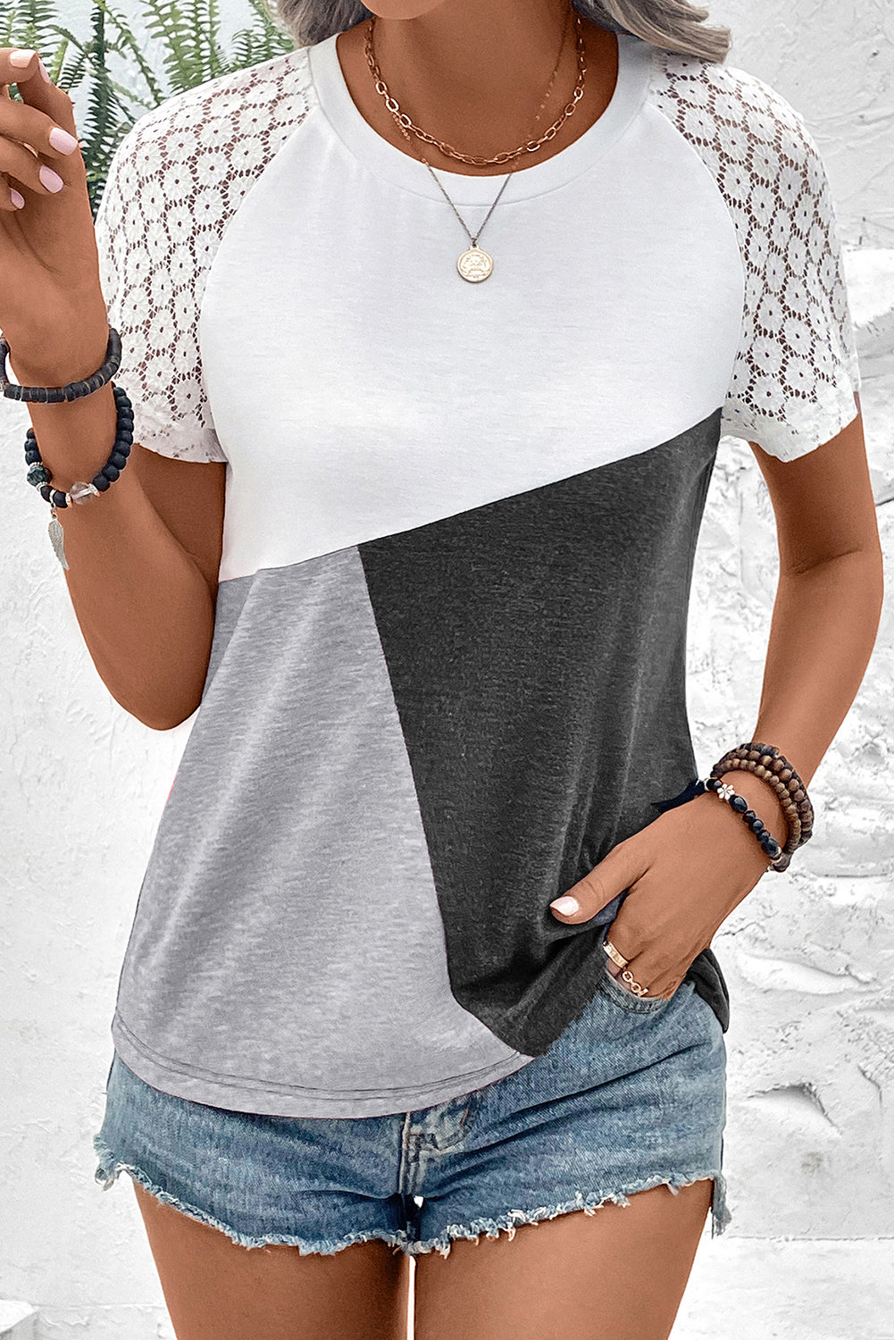 Gray Color Block Lace Patchwork Short Sleeve T Shirt