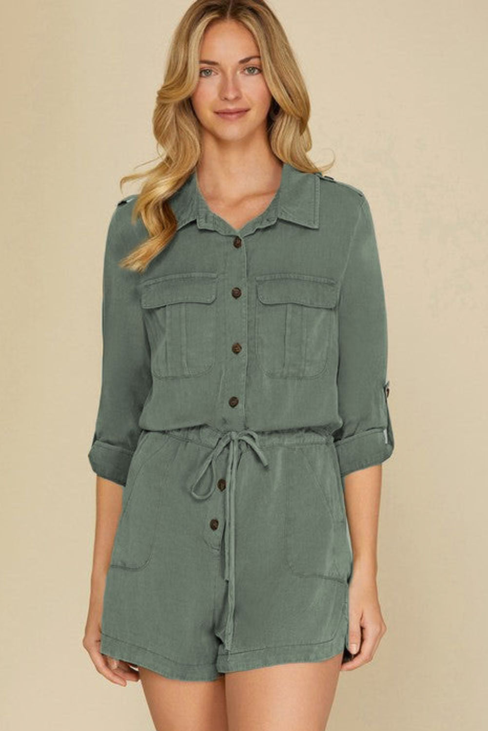 Jungle Green Roll up Sleeve Flap Pockets Drawstring Playsuit