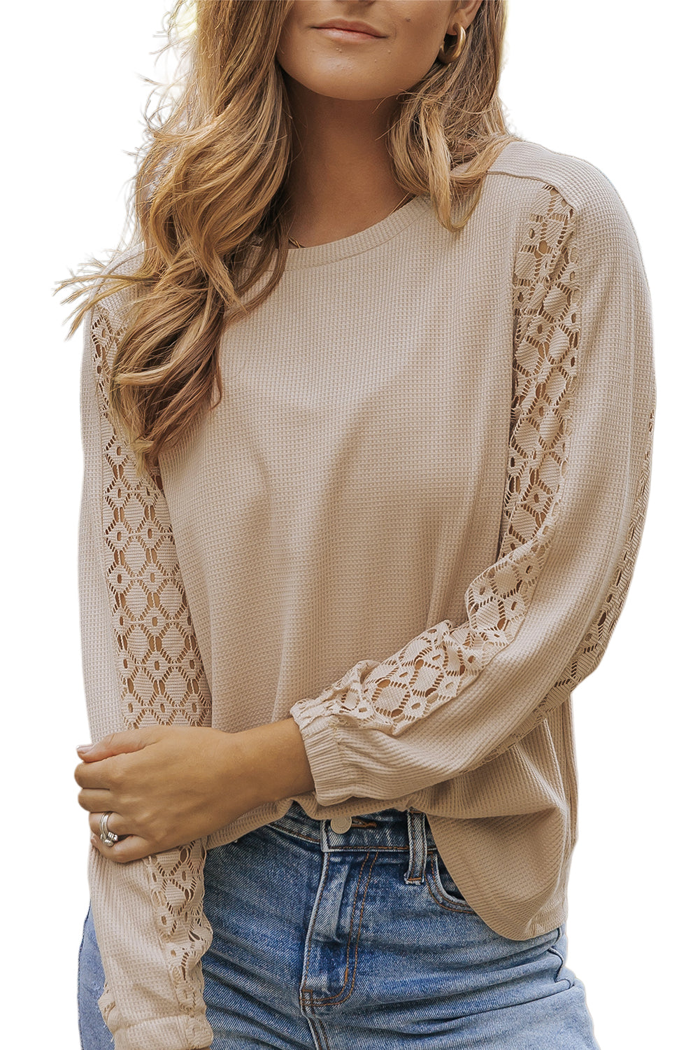 Light French Beige Lace Patch Sleeve Waffle Knit Top