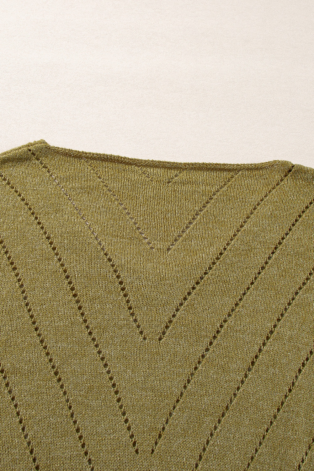 Sage Green Solid Eyelet Drop Shoulder V Neck Sweater