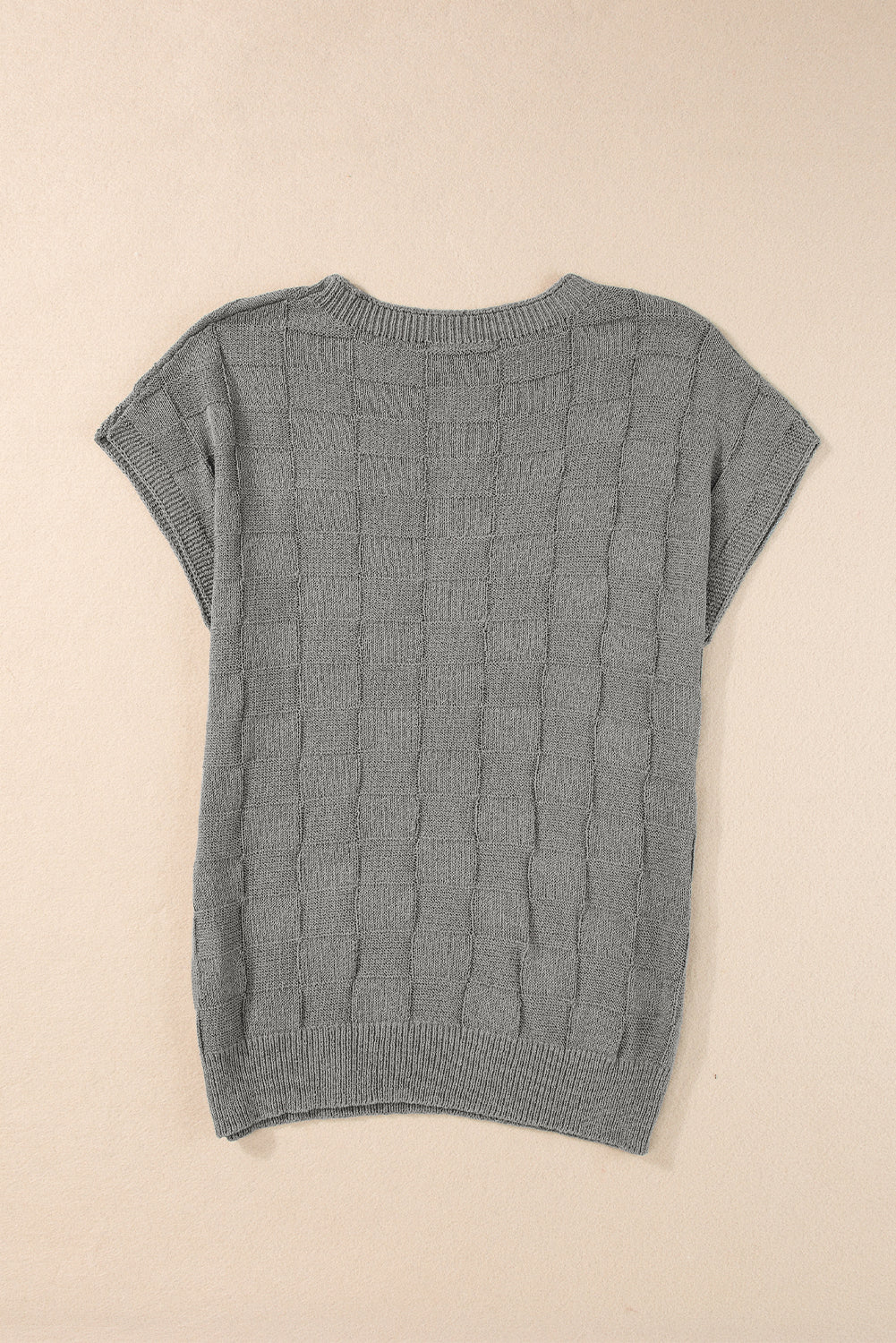 Gray Lattice Textured Knit Short Sleeve Sweater