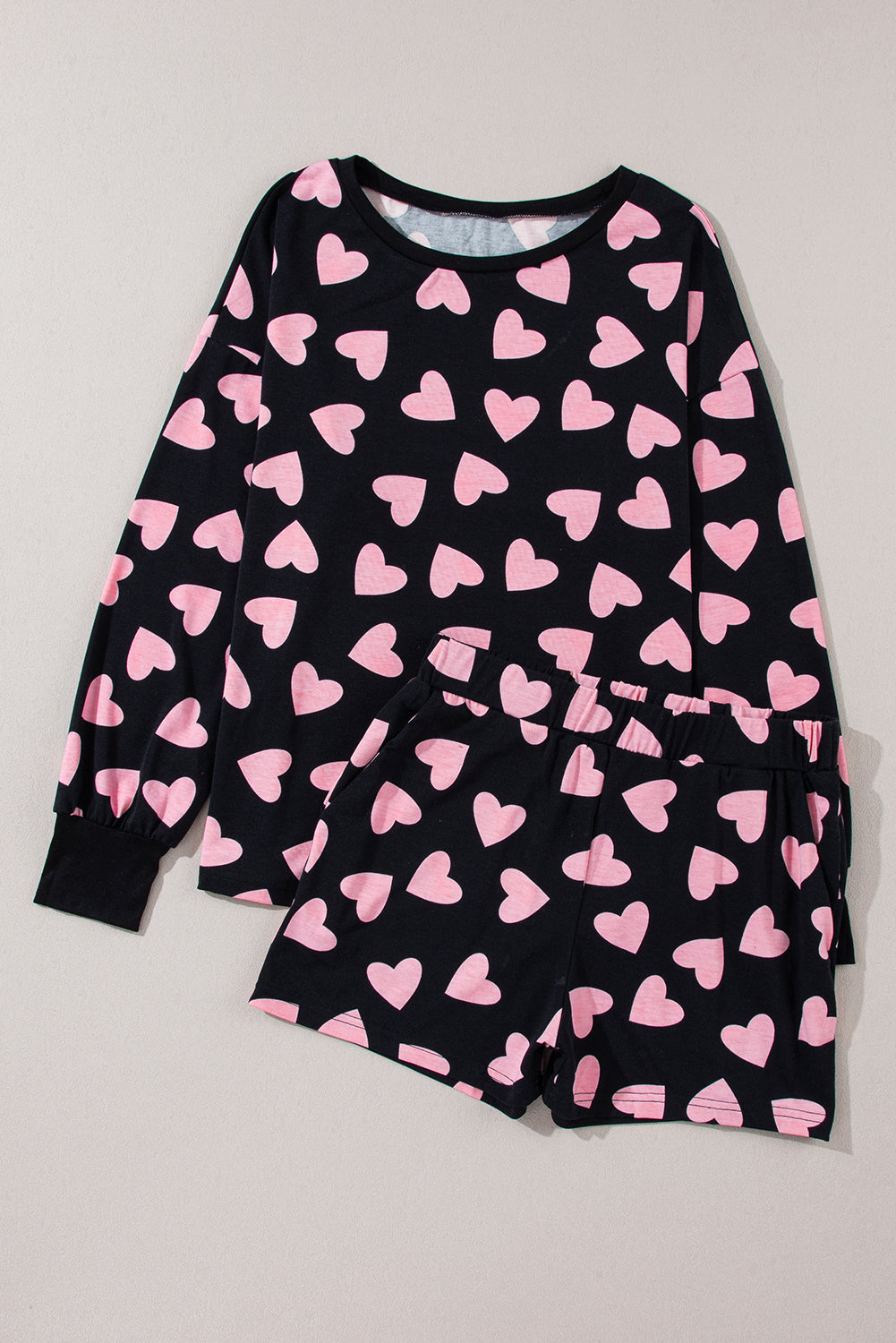 Black Valentine Heart Shape Print Long Sleeve Top Shorts Lounge Set