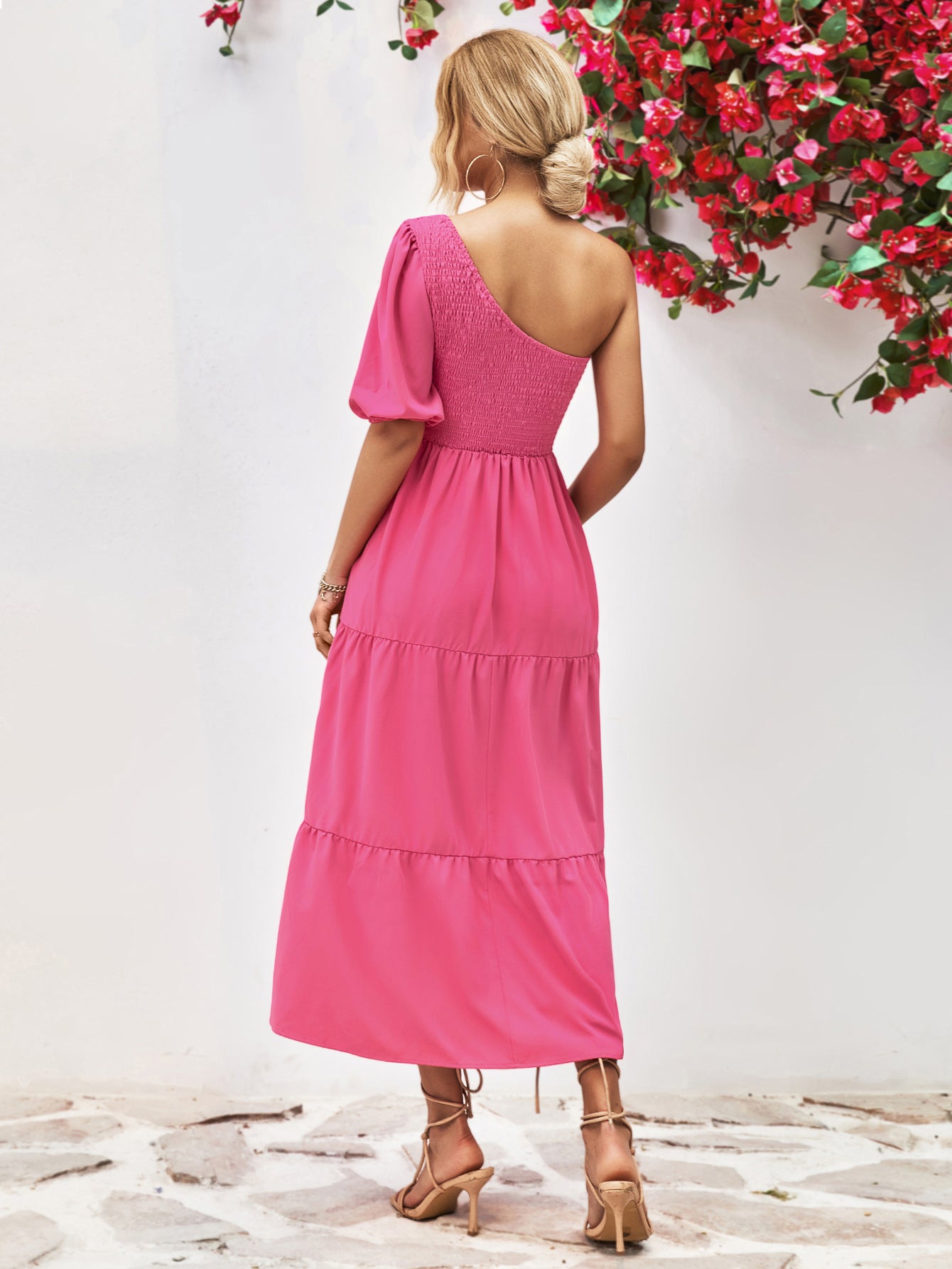 Smocked One-Shoulder Midi Dress