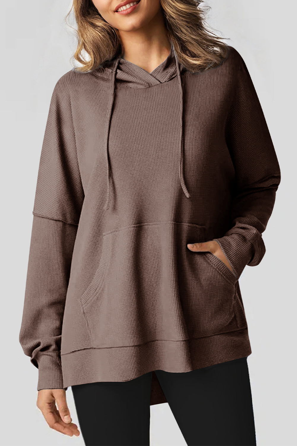 Coffee Waffle Knit Fleece Lined High Low Oversized Hoodie