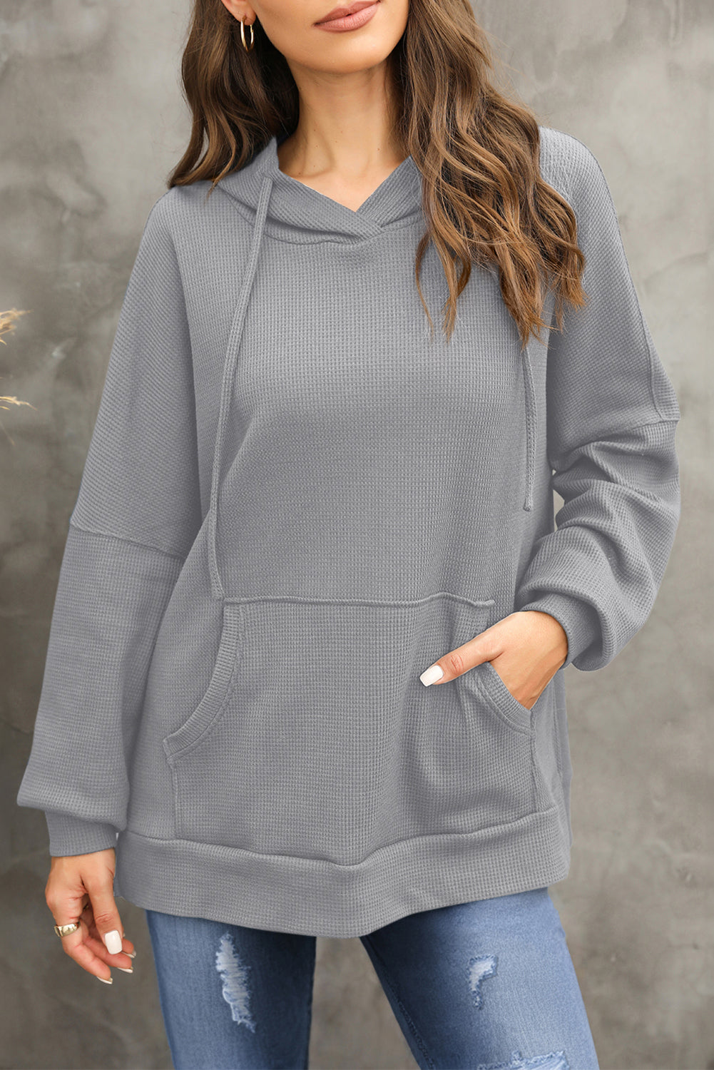 Gray Waffle Knit Fleece Lined High Low Oversized Hoodie