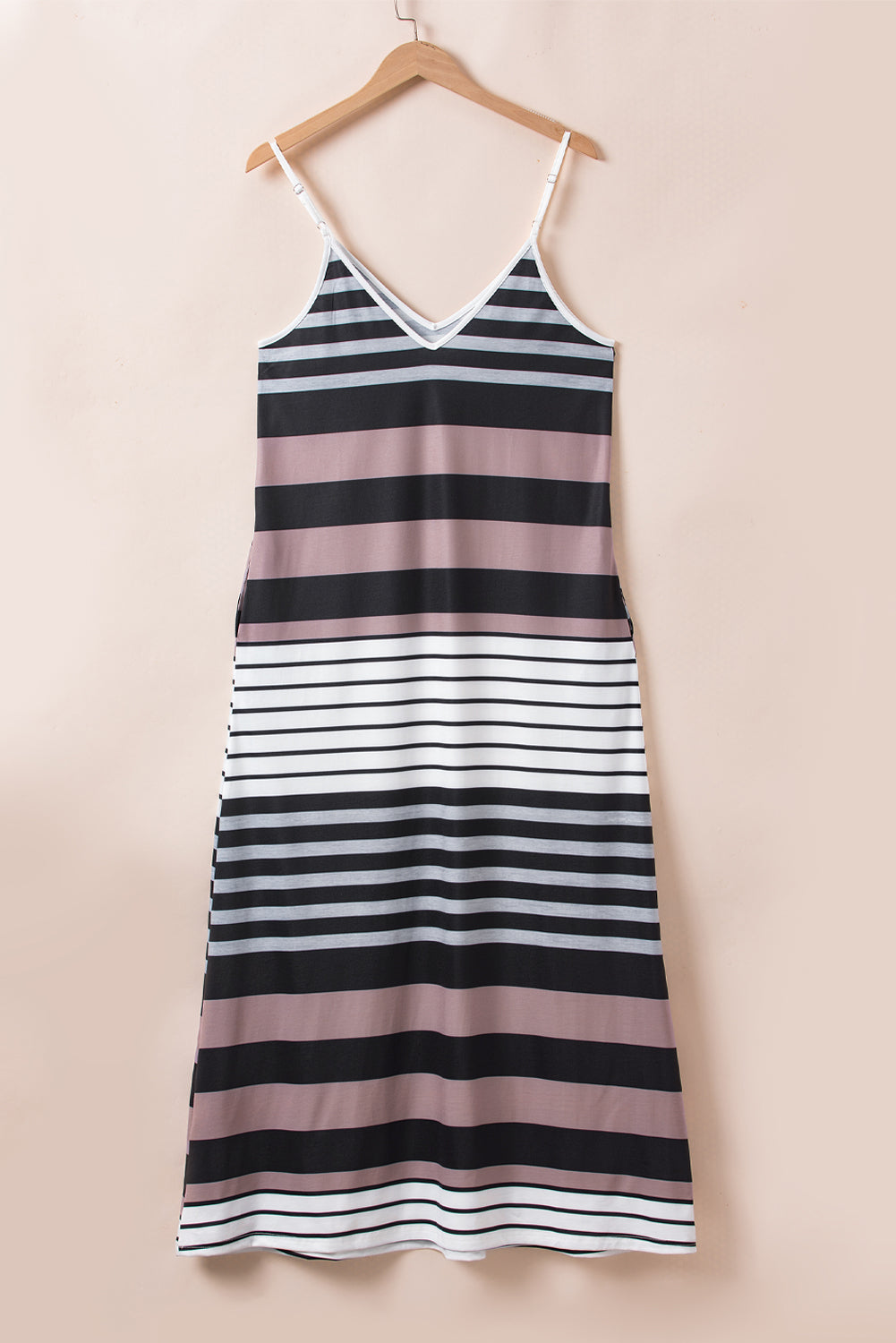 Multicolour Mixed Stripes Spaghetti Straps V Neck Maxi Dress